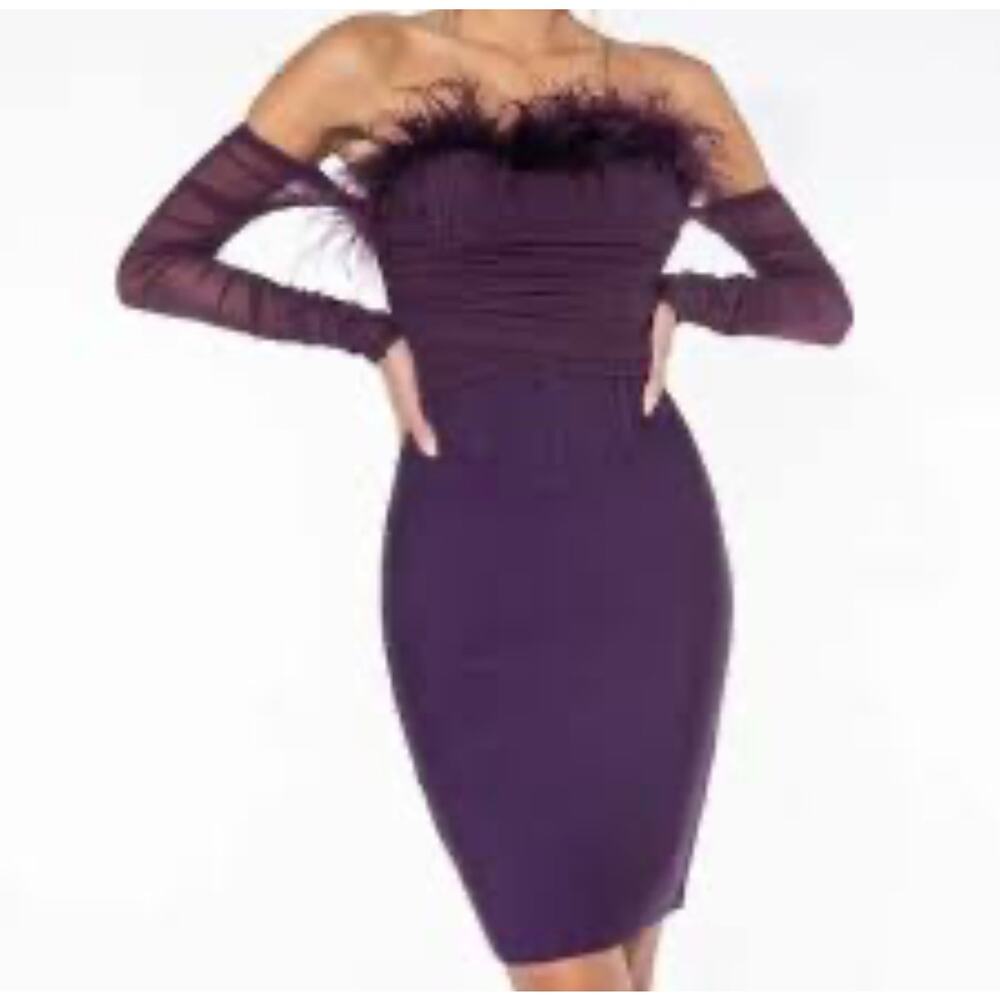 Akira Blair Off the Shoulder Bandage Dress with Feathers Purple Size Medium